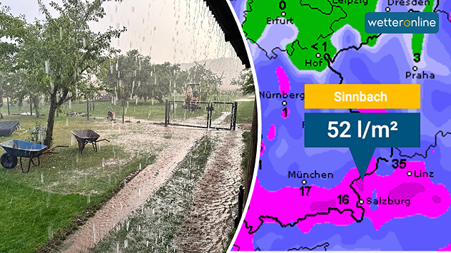 Links: Bild von kräftigem Regen Rechts: Regensumme