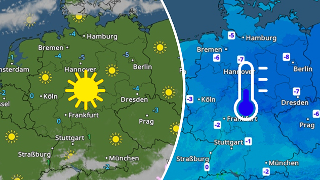 Wetterkarte zeigt sonniges Deutschland bei sehr kalten Temperaturen. Kontrast zwischen Hochdruckwetter und Frostlage.