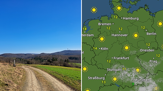 Geteilte Grafik: rechts eine WetterRadar-Karte von Deutschland mit viel Sonnenschein, links eine Landschaft im Edertal unter blauem Himmel, aufgenommen am 3. März 2026.