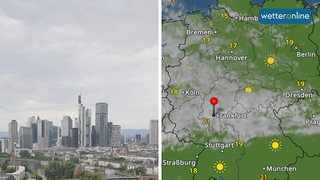Panoramaansicht von Frankfurt unter grauem Himmel, daneben Wetterkarte mit dichter Bewölkung und vereinzeltem Sonnenschein in Süd- und Norddeutschland.