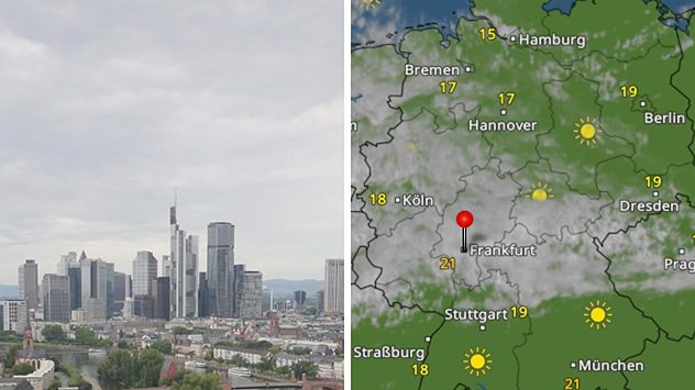 Panoramaansicht von Frankfurt unter grauem Himmel, daneben Wetterkarte mit dichter Bewölkung und vereinzeltem Sonnenschein in Süd- und Norddeutschland. (c) www.mainhattan-webcam.de