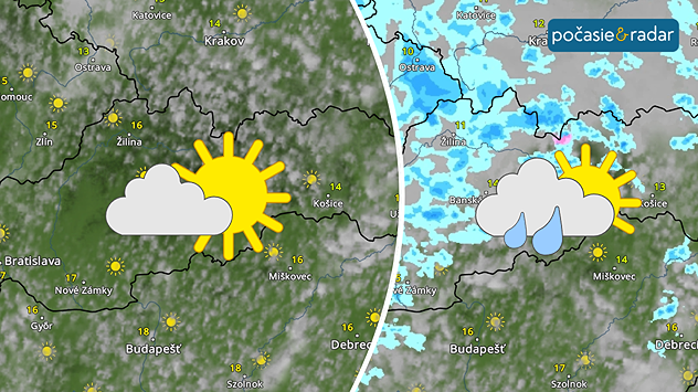 Snímka meteoradaru - vľavo slnečné počasie, vpravo snímka oblačného počasia s prehánkami.