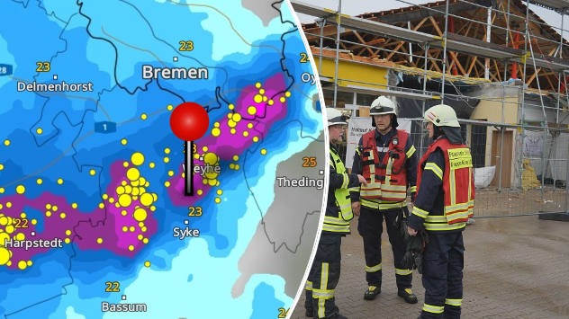 WetterRadar mit Gewitter südlich von Bremen und Bild eines eingestürzten Daches eines Supermarktes in Syke