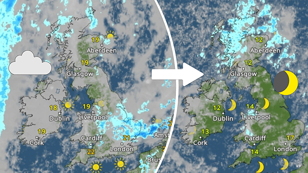 Two weather maps side-by-side with an arrow pointing from the first, showing widespread cloud cover and rain, to the second, showing clearer skies over the UK and Ireland.