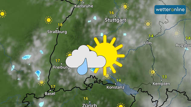 Wetterkarte für Südwestdeutschland mit Sonne-Wolken-Regen-Symbol am Bodensee und Temperaturen um 14 bis 18 Grad.