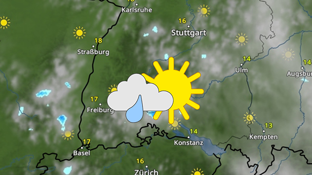 Wetterkarte für Südwestdeutschland mit Sonne-Wolken-Regen-Symbol am Bodensee und Temperaturen um 14 bis 18 Grad.