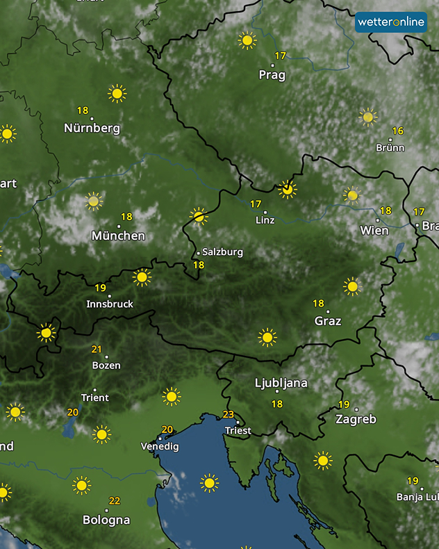 WetterRadar mit viel Sonnenschein im Alpenraum und Temperaturen zwischen 17 und 23 Grad.
