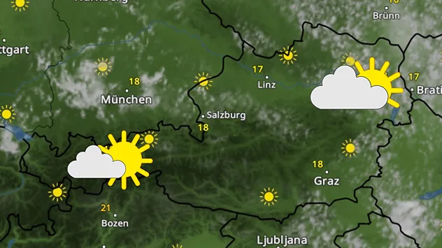 WetterRadar mit viel Sonnenschein im Alpenraum und Temperaturen zwischen 17 und 23 Grad.