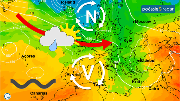 Synoptická mapa s vyznačením tlakových útvarov, smeru prúdenia a symbolu oblačného počasia s kvapkou dažďa.