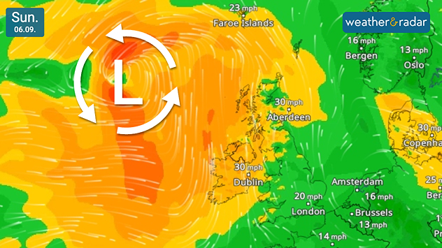 Wind forecast for Sunday 06.09 showing a deep Atlantic low west of Ireland, with winds around 30 mph across Ireland and Scotland and 20 mph near London.