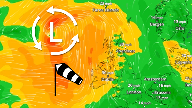 Wind forecast showing a deep atlantic low west of Ireland, with a windsock symbol and winds across 30 mph across Ireland and Scotland.
