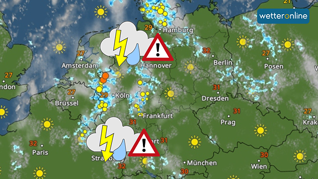 WetterRadar für Deutschland zeigt Gewitter in der Westhälfte.