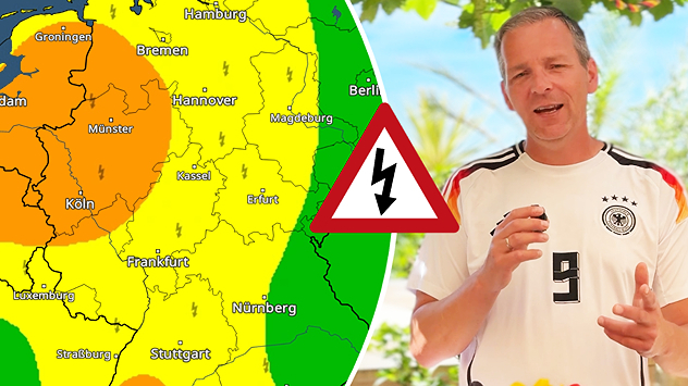 Links eine Wetterkarte, die vor Gewittern warnt, rechts Björn, der was übers Wetter erzählt.