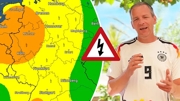 Links eine Wetterkarte, die vor Gewittern warnt, rechts Björn, der was übers Wetter erzählt.