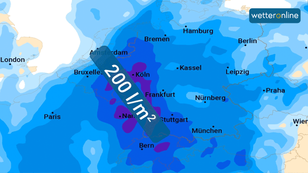 Die vorhergesagten Regensummen für den 14. und 15. Juli 2021.