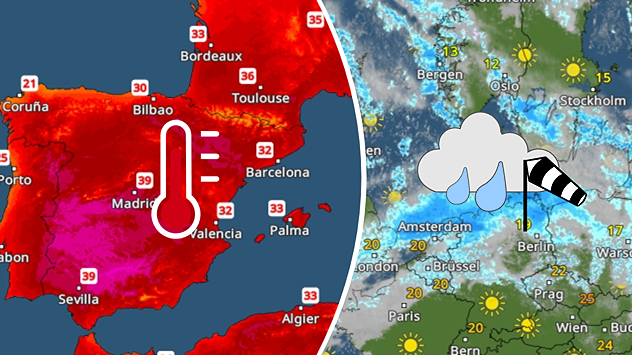 On the left, the Temperature Radar shows high temperatures in Spain; on the right, the Weather Radar shows rain in Central Europe