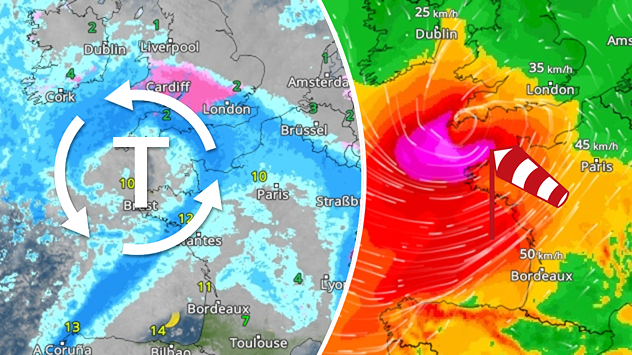 Links zeigt das WetterRadar ein Tiefdruckgebiet mit Niederschlägen über Westeuropa. Rechts ist stürmischer Wind im WindRadar zu sehen.