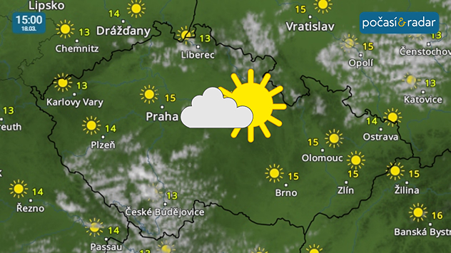 Meteoradar, screenshot, 18. 3. 15:00: Středa i čtvrtek do Česka přinesou většinou slunečné počasí se studenými rány a poměrně teplými odpoledni.
