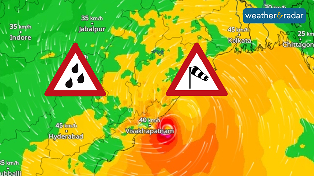 Wind map showing a compact low near Visakhapatnam, with heavy rain and strong wind warning symbols and winds of 40–45 km/h across eastern India.