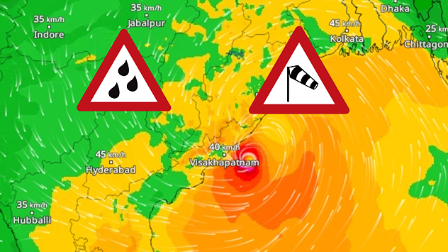 Wind map showing a compact low near Visakhapatnam, with heavy rain and strong wind warning symbols and winds of 40–45 km/h across eastern India.