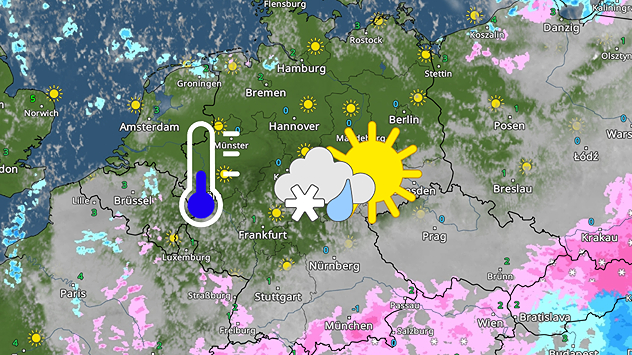 WetterRadar-Karte von Mitteleuropa mit Symbolen für Sonne, Wolken, Schnee und Regen sowie einem Thermometersymbol über Westdeutschland, das kalte Temperaturen anzeigt.