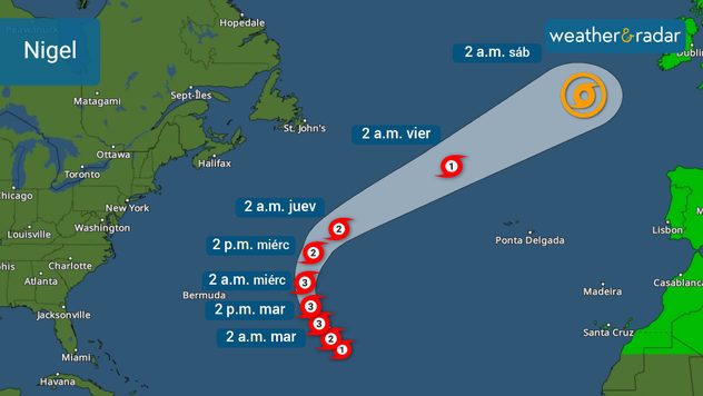 Trayectoria de Nigel emitida por el Centro Nacional de Huracanes el lunes por la mañana.