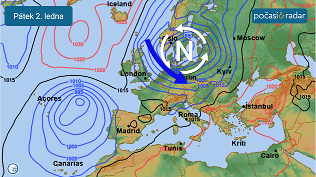 Synoptická situace nad Evropou, pátek 2. ledna: Počasí v Česku ovlivňuje hluboká tlaková níže se středem nad jižní Skandinávií.