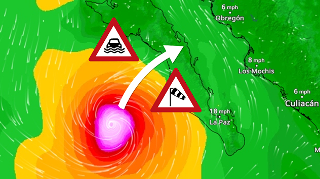 Wind map showing an intense tropical cyclone southwest of Baja California, with an arrow toward the peninsula and flood and strong wind warning symbols.