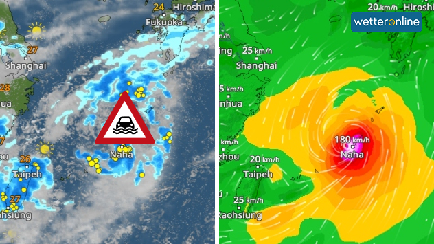 Geteilte Darstellung mit WetterRadar und WindRadar des Taifuns MEKKHALA bei Okinawa. Kräftige Niederschläge, Gewitter und Windgeschwindigkeiten bis 180 km/h sind erkennbar.