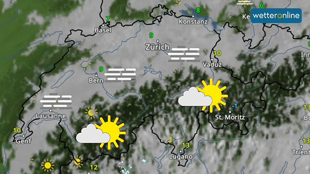 Wetterkarte zeigt Nebel im Schweizer Mittelland und Sonne in den Alpenregionen.