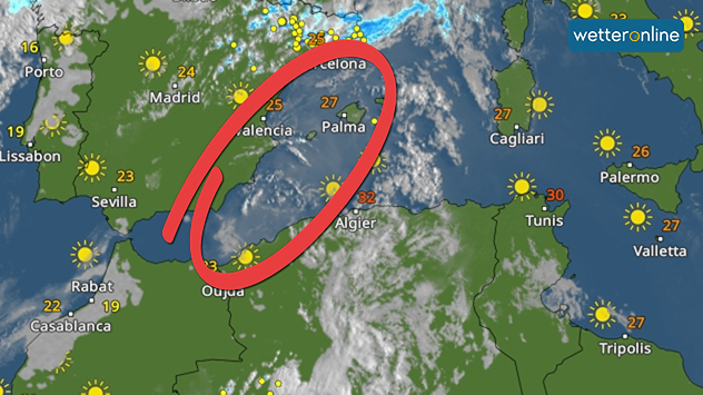 Időjárási radar a Szaharából Spanyolország és Mallorca felett terjedő porfelhőkkel.