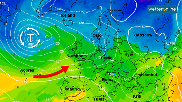 An der Südseite eines mächtigen Tiefs über dem Atlantik strömt sehr milde Luft nach West- und Mitteleuropa