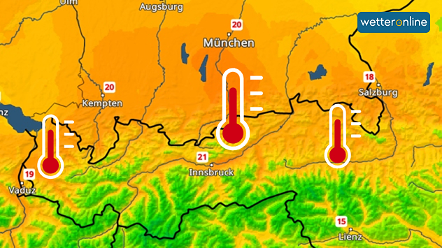 Temperaturkarte mit 15 bis 21 Grad im Alpenraum. Höchstwerte in Tirol und Bayern hervorgehoben.