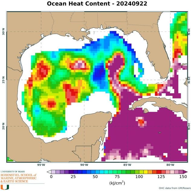 graphic from the universtiy of miami showing ocean heat content ahead to hurricane helene