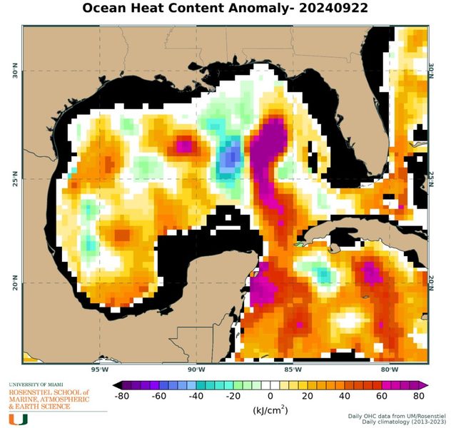 graphic from the universtiy of miami showing ocean heat content anomaly ahead to hurricane helene