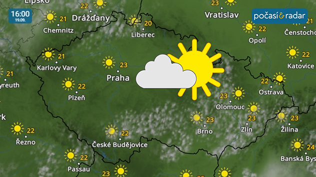 Meteoradar, screenshot, 19. září 16:00: Sobota do Česka přinese příjemné a slunečné počasí s odpoledními teplotami mírně přes 20 °C.