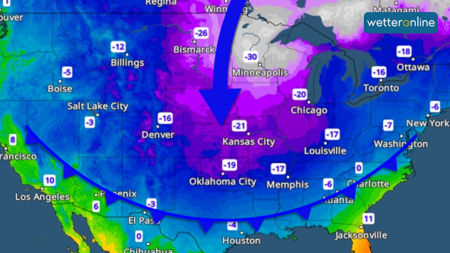 Das TemperaturRadar zeigt extrem niedrige Temperaturen in den USA.