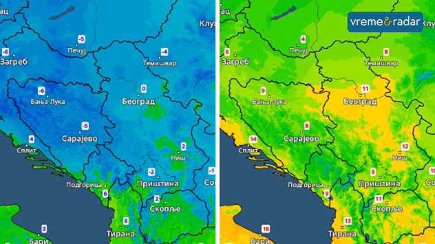 Min. i maks. temp. u ponedeljak