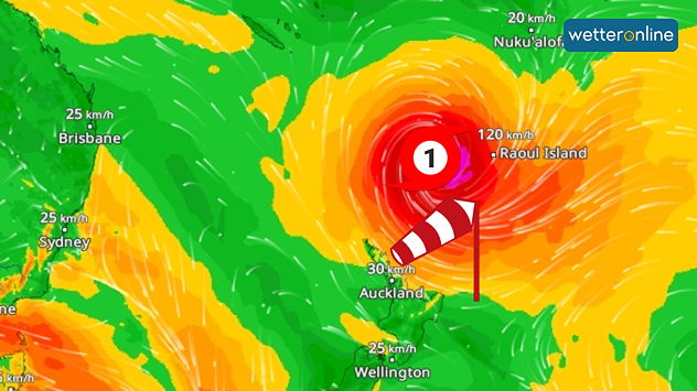 Karte mit Windradar eines Tropensturms bei Neuseeland. Deutliches Sturmzentrum mit hohen Windgeschwindigkeiten. Neuseeland liegt südlich des Systems.