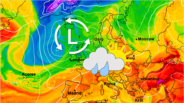 De Europese weerkaart voor midden volgende week toont een omvangrijk lagedrukgebied tussen Schotland en IJsland, dat voor wisselvallig weer in grote delen van West-Europa zorgt.