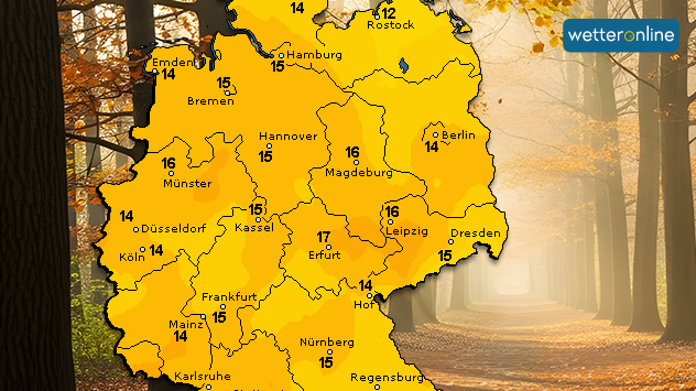 Deutschlandkarte mit Temperaturen zwischen 12 und 17 Grad. Im Hintergrund ein herbstlicher Waldweg mit goldenen Blättern und Sonnenlicht.