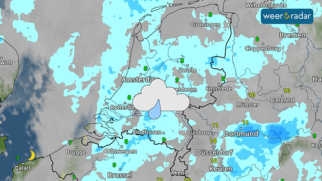 De WeerRadar toont zaterdag lichte regen boven Nederland. Een symbool daarvan is ingetekend.