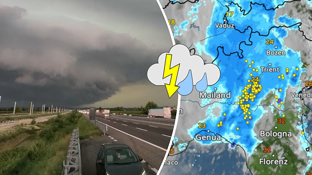 À gauche, des nuages d'orage sombres au-dessus d'une autoroute, à droite, une carte météo avec des symboles de fortes pluies et d'éclairs au-dessus du nord de l'Italie.