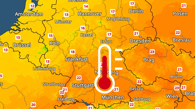 Karte zeigt Temperaturverteilung in Deutschland. Hohe Werte im Süden, kühlere im Norden. Thermometer-Symbol betont die Wärme im Südosten.