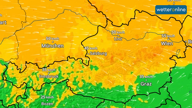 WindRadar für Österreich am Nachmittag mit verbreitet kräftigem Wind. Böen um 50 bis 55 km/h nördlich der Alpen, schwächerer Wind im Süden.