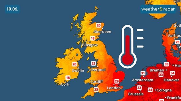 Temperature map of the UK and western Europe on 19.06 showing warm conditions across the UK, with temperatures reaching 29 °C near London, 23 °C around Cardiff, and 18 to 20 °C across Scotland and Ireland, alongside a large thermometer icon. 