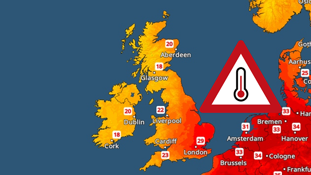 Temperature map of the UK, Ireland, and western Europe on 19.06 showing warm to hot conditions across the UK with temperatures reaching 29 °C near London and a red heat warning symbol highlighting elevated heat risk.