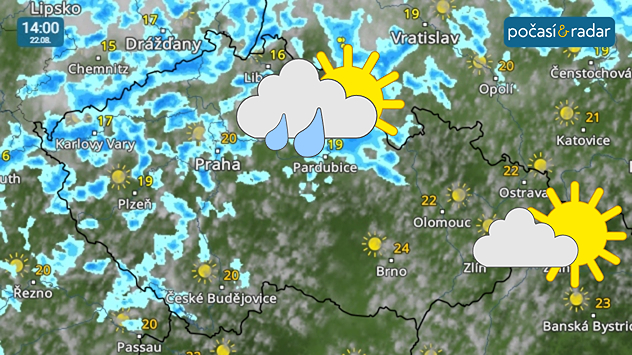 Meteoradar, screenshot, 22. 8. 14:00: Sobota přinese ochlazení a zejména v severozápadní polovině Čech se budou během dne místy objevovat přeháňky, ojediněle i bouřky.