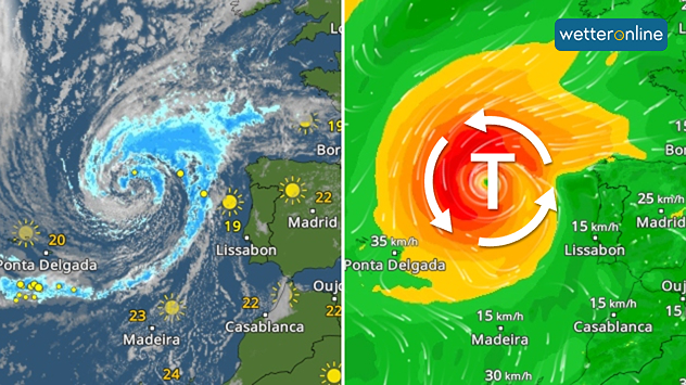 Links ein Tief vor der Iberischen Halbinsel im WetterRadar, rechts im WindRadar