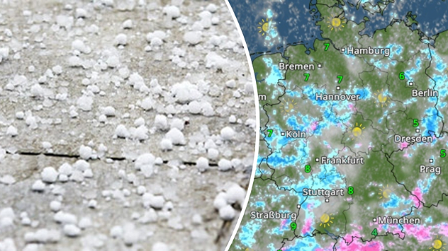 Links: Graupelkörner auf einer Straße. Rechts: Das WetterRadar für Montag.
